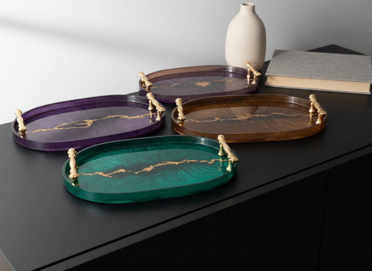An elegant set of oval resin serving trays in complementary jewel tones—emerald, amethyst, and smoky quartz—arranged in a staggered formation on a matte black sideboard. Each tray has a high-gloss finish, subtle metallic veining, and precisely polished gold handles that catch the light. A single minimalist ceramic vase and a closed linen-bound book sit quietly in the background, out of focus, reinforcing the sophisticated décor context. Soft studio lighting from the upper left creates controlled highlights along the resin surfaces and gentle, elongated shadows. Shot at eye level with balanced composition and crisp focus on the foremost tray, the photographic style is clean, luxurious, and suitable for a high-end product showcase.