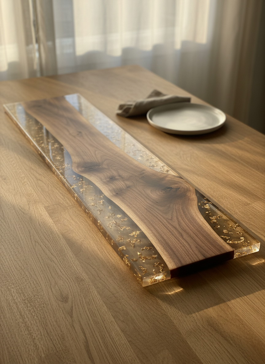 A long, narrow resin charcuterie board displayed diagonally across a natural oak dining table. The board combines a warm, live-edge wood center with crystal-clear resin sides embedded with tiny, scattered pieces of gold leaf, creating the effect of a delicate, shimmering river. Late afternoon sunlight filters in through sheer curtains, creating fine highlights along the resin and subtle shadows from the organic wood grain. In the softly blurred background, there is only a hint of neutral-toned table linens and an empty ceramic plate, reinforcing a refined entertaining setting. Shot from a three-quarter overhead angle with moderate depth of field, the photographic style is warm yet modern, emphasizing texture, transparency, and sophisticated functionality.